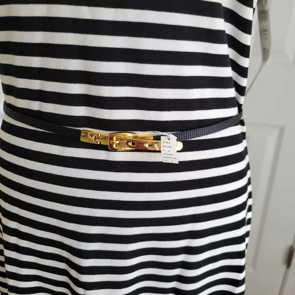 Lauren Ralph Lauren‎ Black White Striped Short Sleeve Flounce Hem Dress