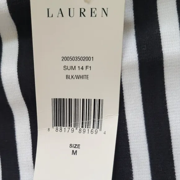 Lauren Ralph Lauren‎ Black White Striped Short Sleeve Flounce Hem Dress