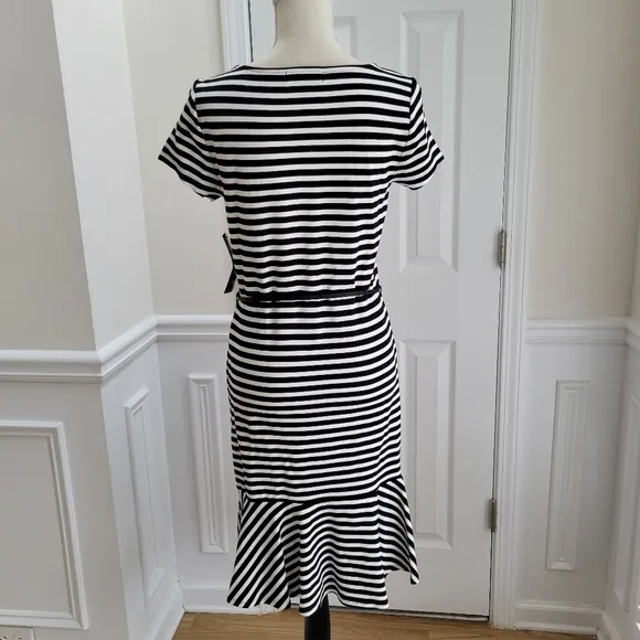 Lauren Ralph Lauren‎ Black White Striped Short Sleeve Flounce Hem Dress