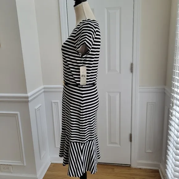 Lauren Ralph Lauren‎ Black White Striped Short Sleeve Flounce Hem Dress