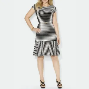Lauren Ralph Lauren‎ Black White Striped Short Sleeve Flounce Hem Dress