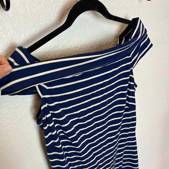 LAUREN Ralph Lauren Striped Off Shoulder Midi Dress in Blue/Cream size 6