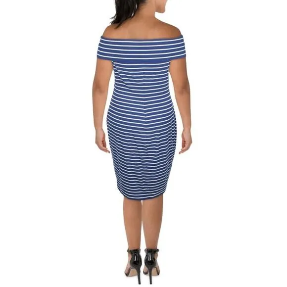 LAUREN Ralph Lauren Striped Off Shoulder Midi Dress in Blue/Cream size 6