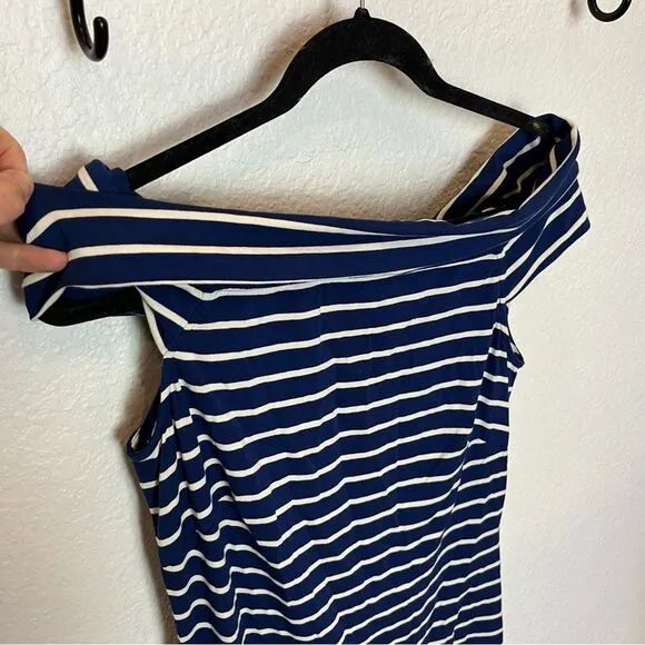 LAUREN Ralph Lauren Striped Off Shoulder Midi Dress in Blue/Cream size 6