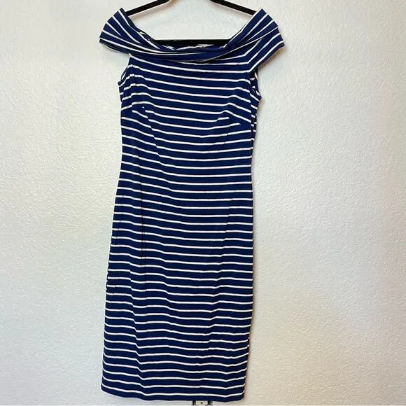 LAUREN Ralph Lauren Striped Off Shoulder Midi Dress in Blue/Cream size 6