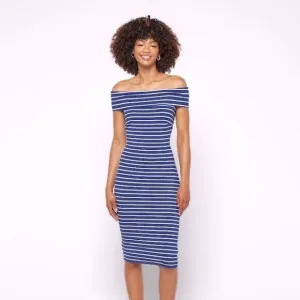 LAUREN Ralph Lauren Striped Off Shoulder Midi Dress in Blue/Cream size 6