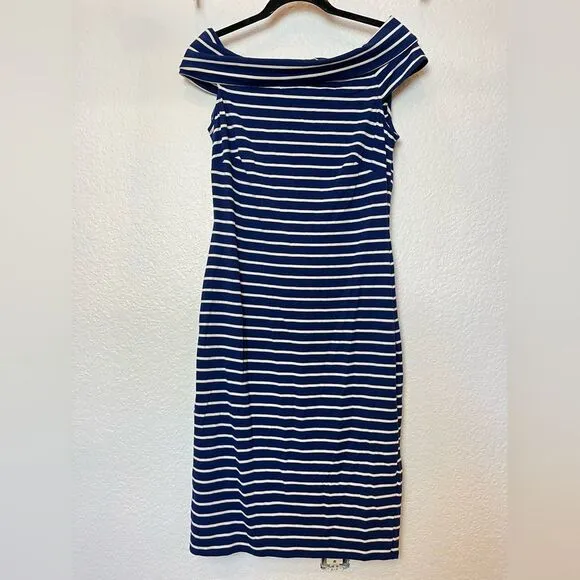 LAUREN Ralph Lauren Striped Off Shoulder Midi Dress in Blue/Cream size 6