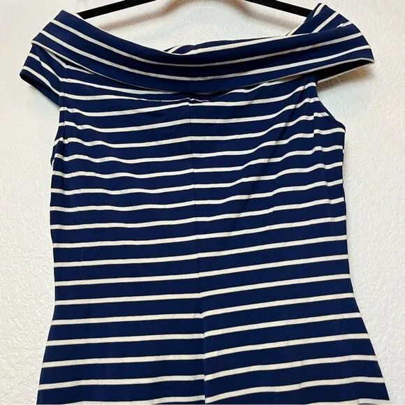 LAUREN Ralph Lauren Striped Off Shoulder Midi Dress in Blue/Cream size 6