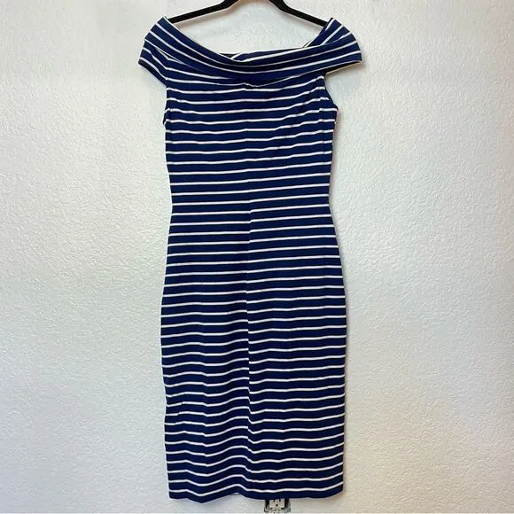 LAUREN Ralph Lauren Striped Off Shoulder Midi Dress in Blue/Cream size 6