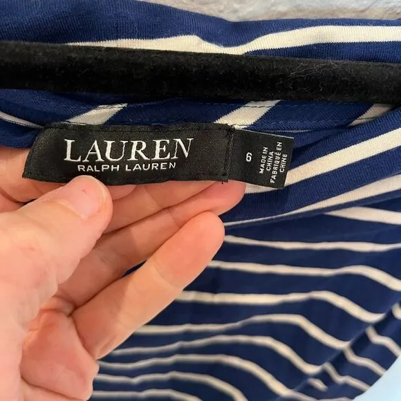 LAUREN Ralph Lauren Striped Off Shoulder Midi Dress in Blue/Cream size 6