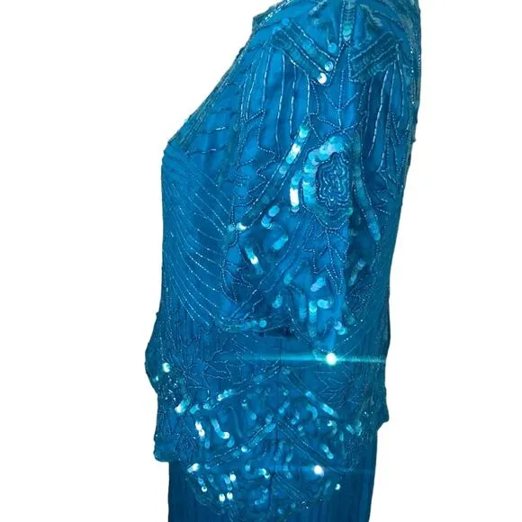 Laurence Kazar Vintage 1980's Blue-Green Silk Beaded Sequin Skirt Suit. Size L