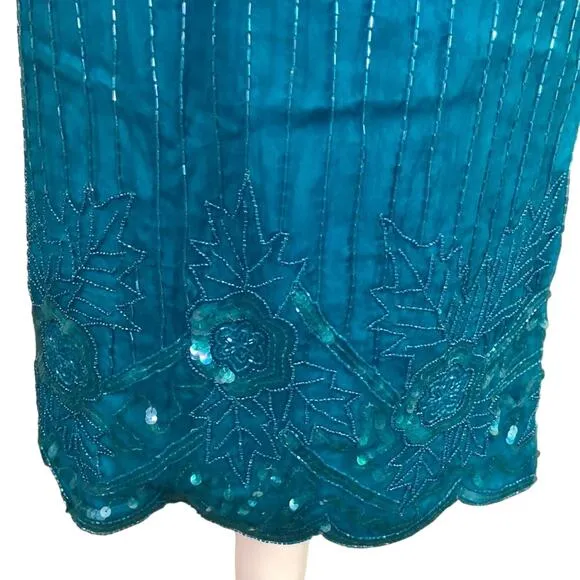 Laurence Kazar Vintage 1980's Blue-Green Silk Beaded Sequin Skirt Suit. Size L