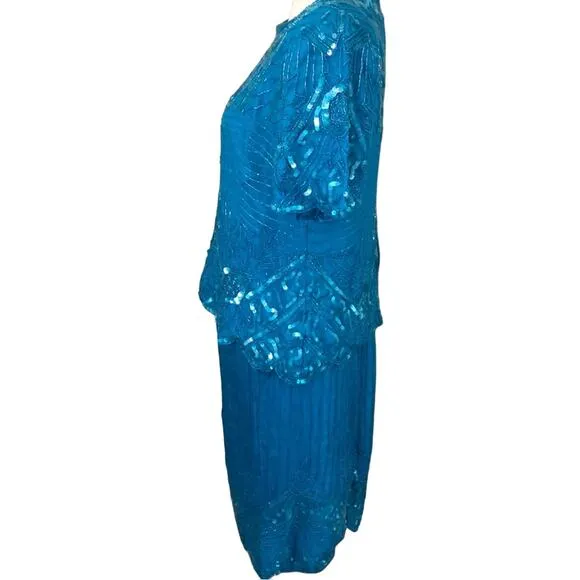 Laurence Kazar Vintage 1980's Blue-Green Silk Beaded Sequin Skirt Suit. Size L