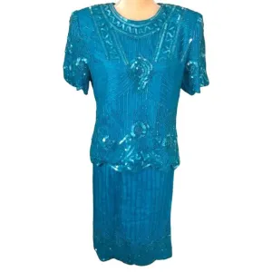 Laurence Kazar Vintage 1980's Blue-Green Silk Beaded Sequin Skirt Suit. Size L