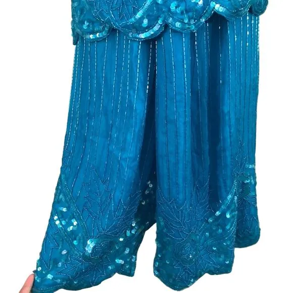 Laurence Kazar Vintage 1980's Blue-Green Silk Beaded Sequin Skirt Suit. Size L
