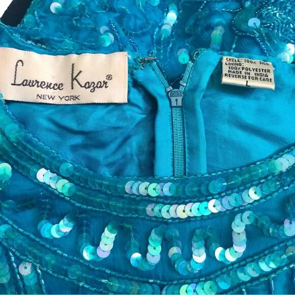 Laurence Kazar Vintage 1980's Blue-Green Silk Beaded Sequin Skirt Suit. Size L