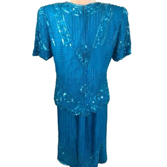 Laurence Kazar Vintage 1980's Blue-Green Silk Beaded Sequin Skirt Suit. Size L