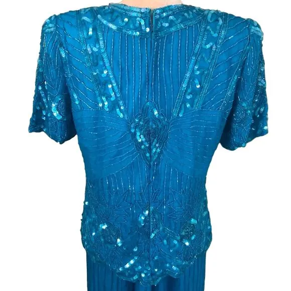 Laurence Kazar Vintage 1980's Blue-Green Silk Beaded Sequin Skirt Suit. Size L