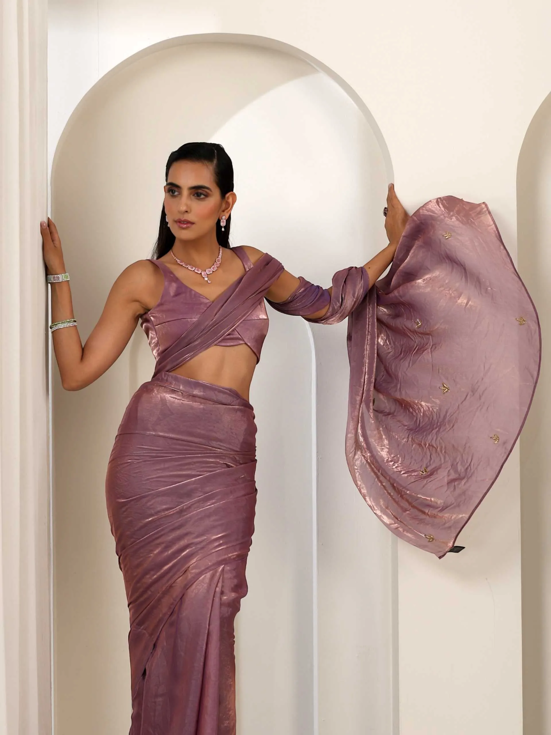 Lavender Metallic Satin Saree with Zardozi on Pallu and Blouse fabric