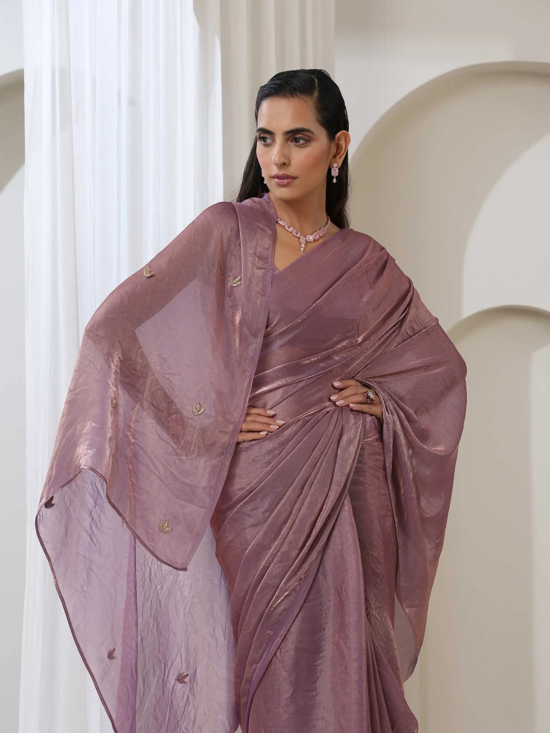 Lavender Metallic Satin Saree with Zardozi on Pallu and Blouse fabric