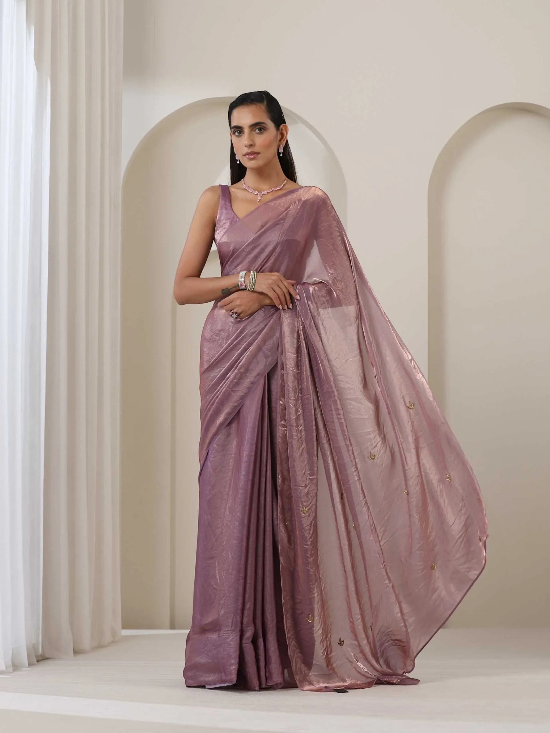 Lavender Metallic Satin Saree with Zardozi on Pallu and Blouse fabric