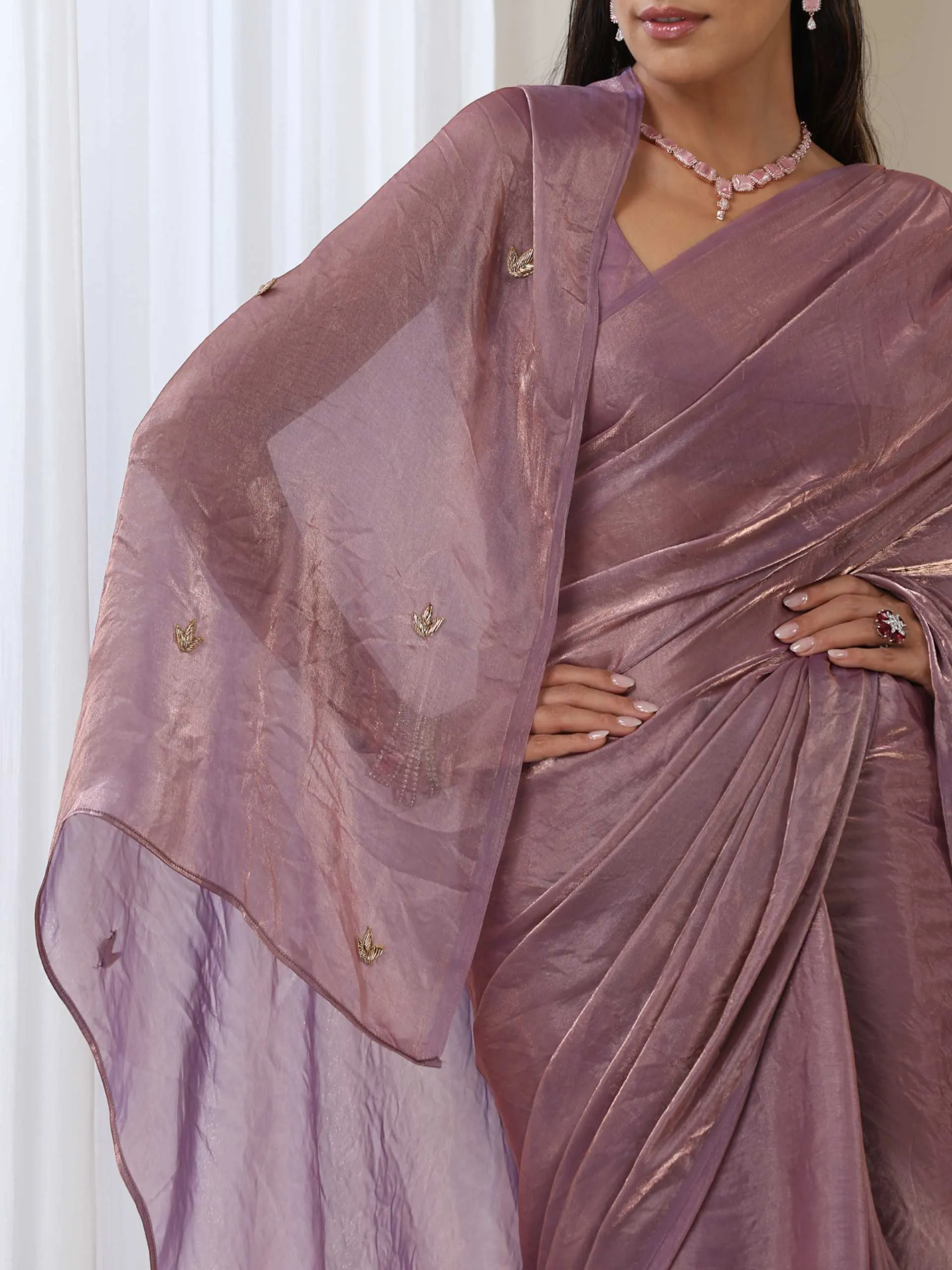 Lavender Metallic Satin Saree with Zardozi on Pallu and Blouse fabric