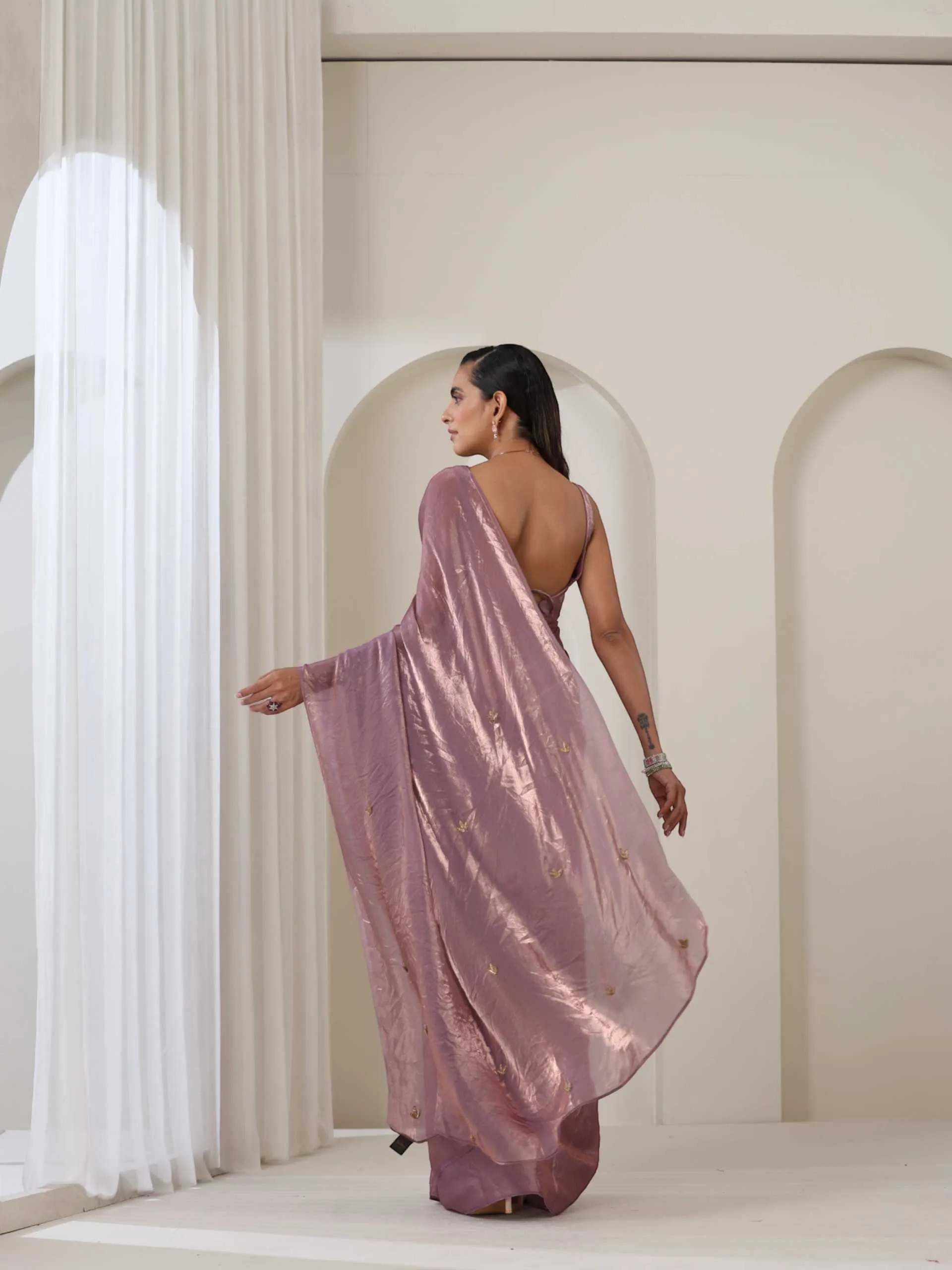 Lavender Metallic Satin Saree with Zardozi on Pallu and Blouse fabric