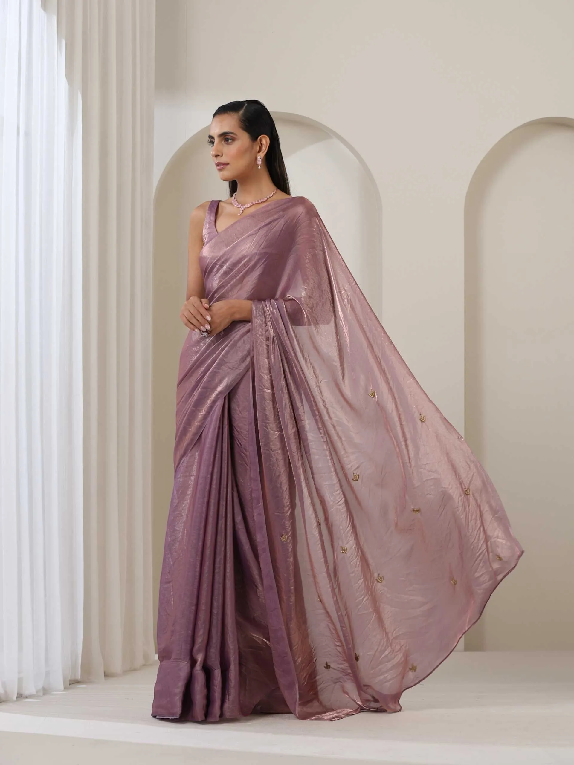 Lavender Metallic Satin Saree with Zardozi on Pallu and Blouse fabric