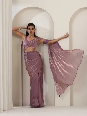 Lavender Metallic Satin Saree with Zardozi on Pallu and Blouse fabric