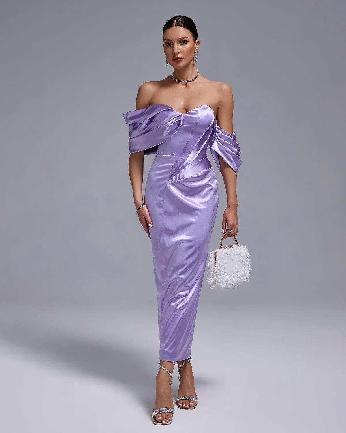 Lavender Satin Off Shoulder Midi Dress