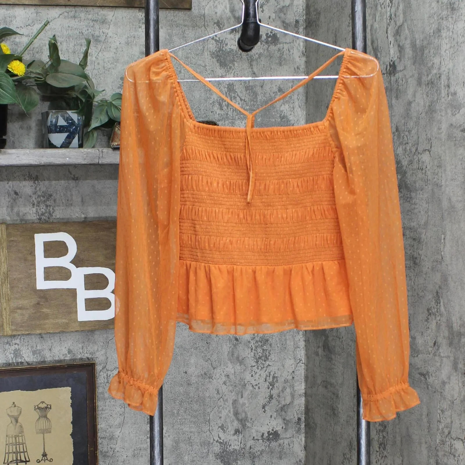 LC Lauren Conrad Womens Mesh Ruffle Long Sleeve Blouse Shirt Top Orange S
