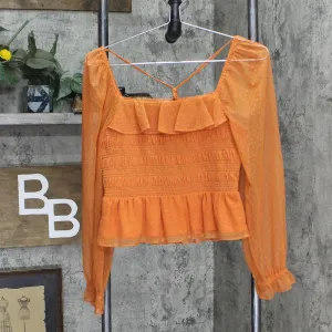 LC Lauren Conrad Womens Mesh Ruffle Long Sleeve Blouse Shirt Top Orange S