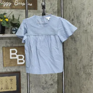 LC Lauren Conrad Womens Pintuck Striped Ruffle Blouse Shirt Top Blue S