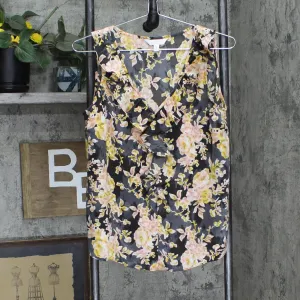 LC Lauren Conrad Womens Shiny Ruffle Trim V-Neck Blouse Shirt Top Black Floral S