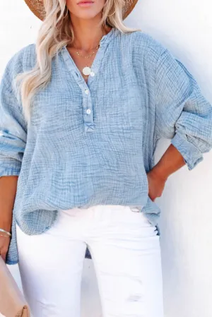 Light Blue Plus Size Split Neck Buttons Crinkled Blouse