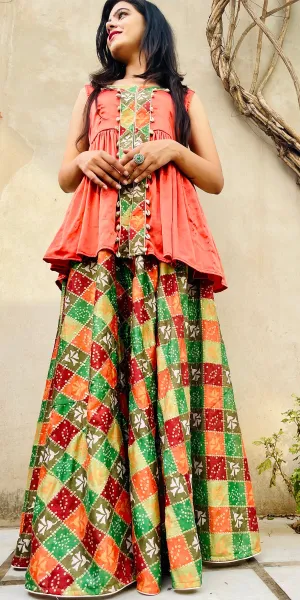 Light Green and Peach Embroidered Silk Skirt with Long Kurti Set