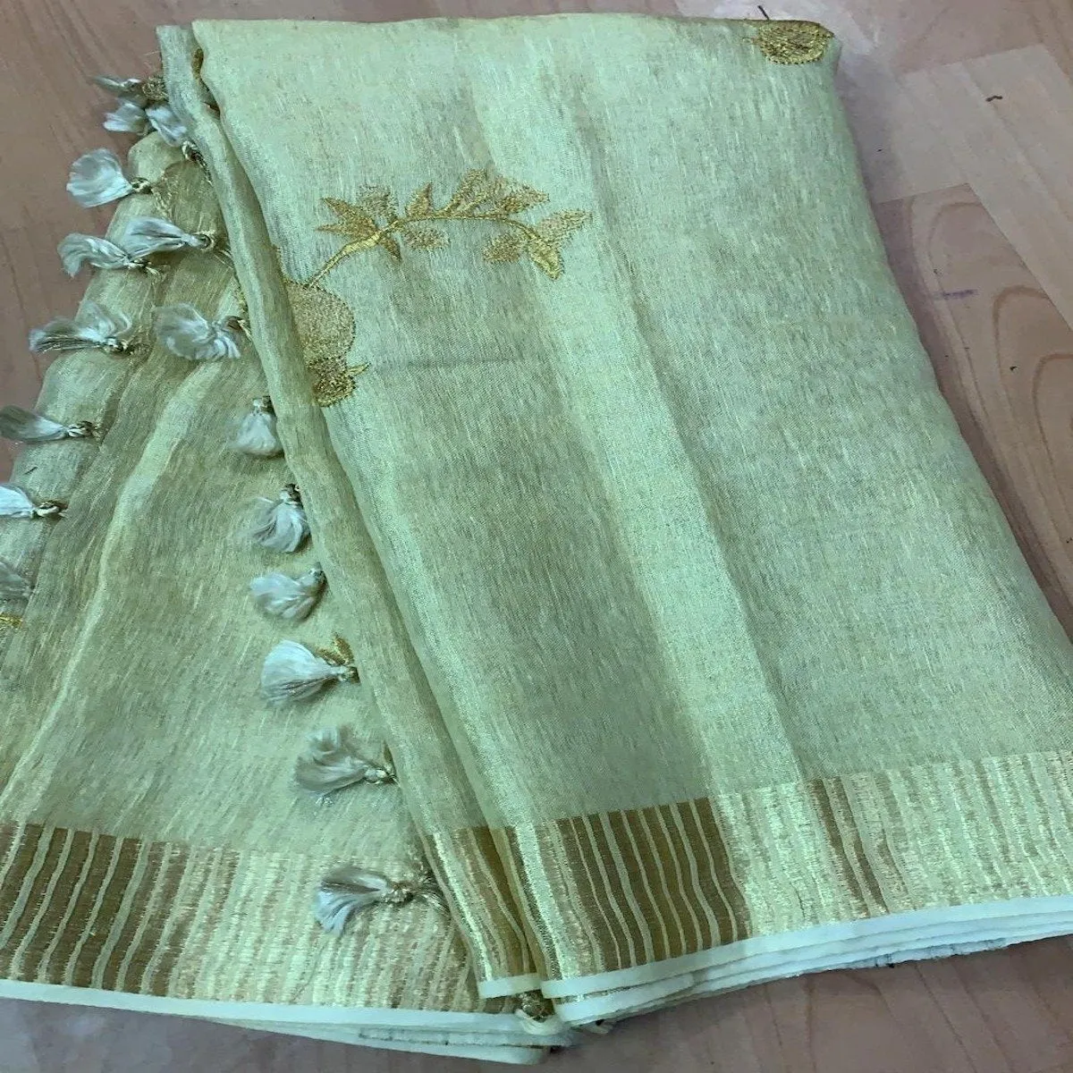 Light Green Embroidered Tissue Linen Saree