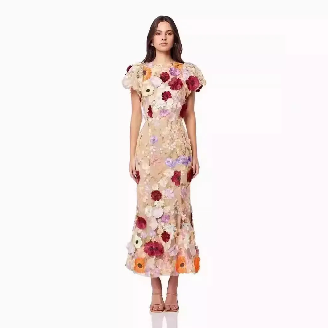 Light Luxury Round Neck Embroidered Mesh Lace 3D Flower Dress