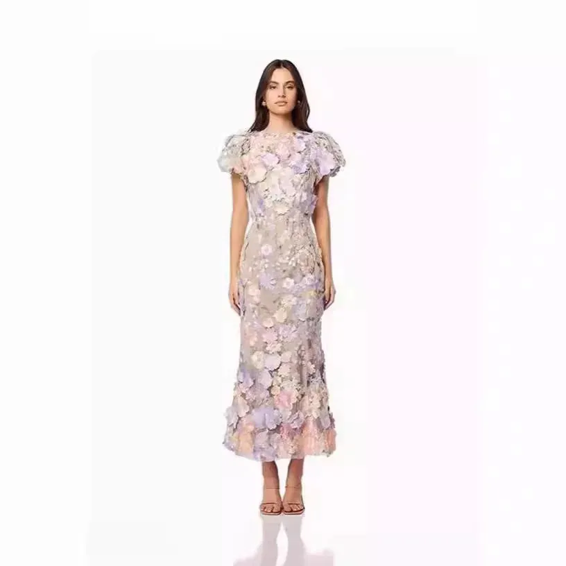 Light Luxury Round Neck Embroidered Mesh Lace 3D Flower Dress