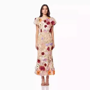 Light Luxury Round Neck Embroidered Mesh Lace 3D Flower Dress
