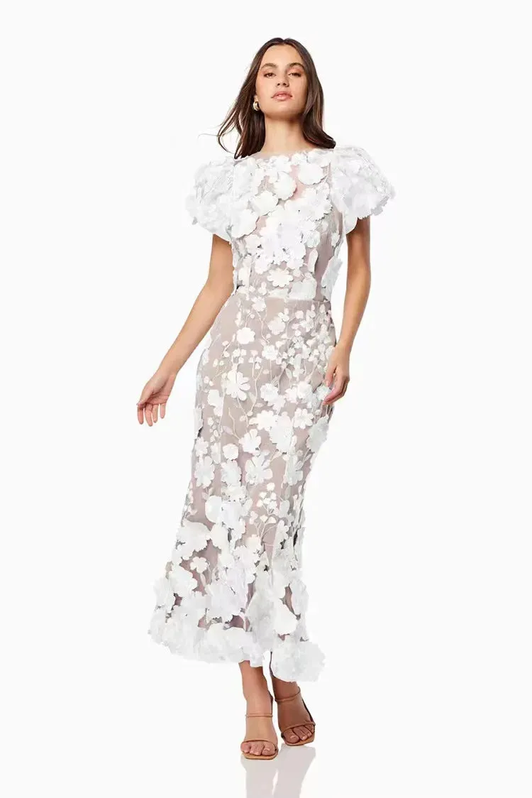 Light Luxury Round Neck Embroidered Mesh Lace 3D Flower Dress
