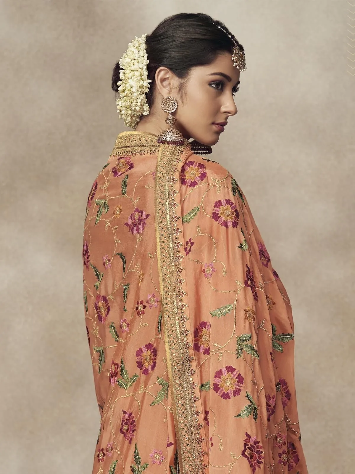 Light Orange Golden Embroidered Designer Silk Palazzo Suit