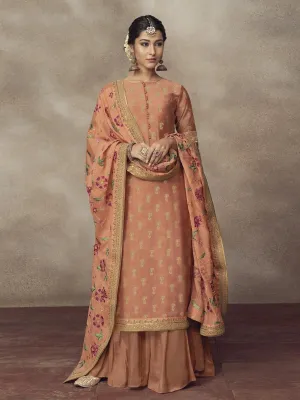 Light Orange Golden Embroidered Designer Silk Palazzo Suit
