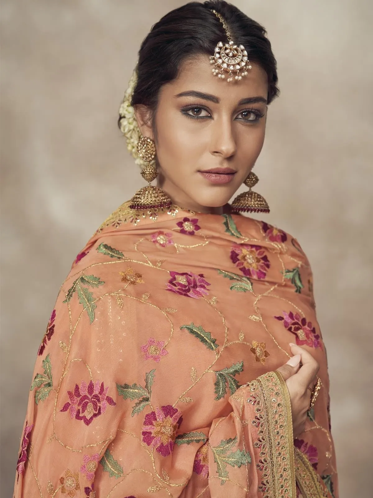 Light Orange Golden Embroidered Designer Silk Palazzo Suit