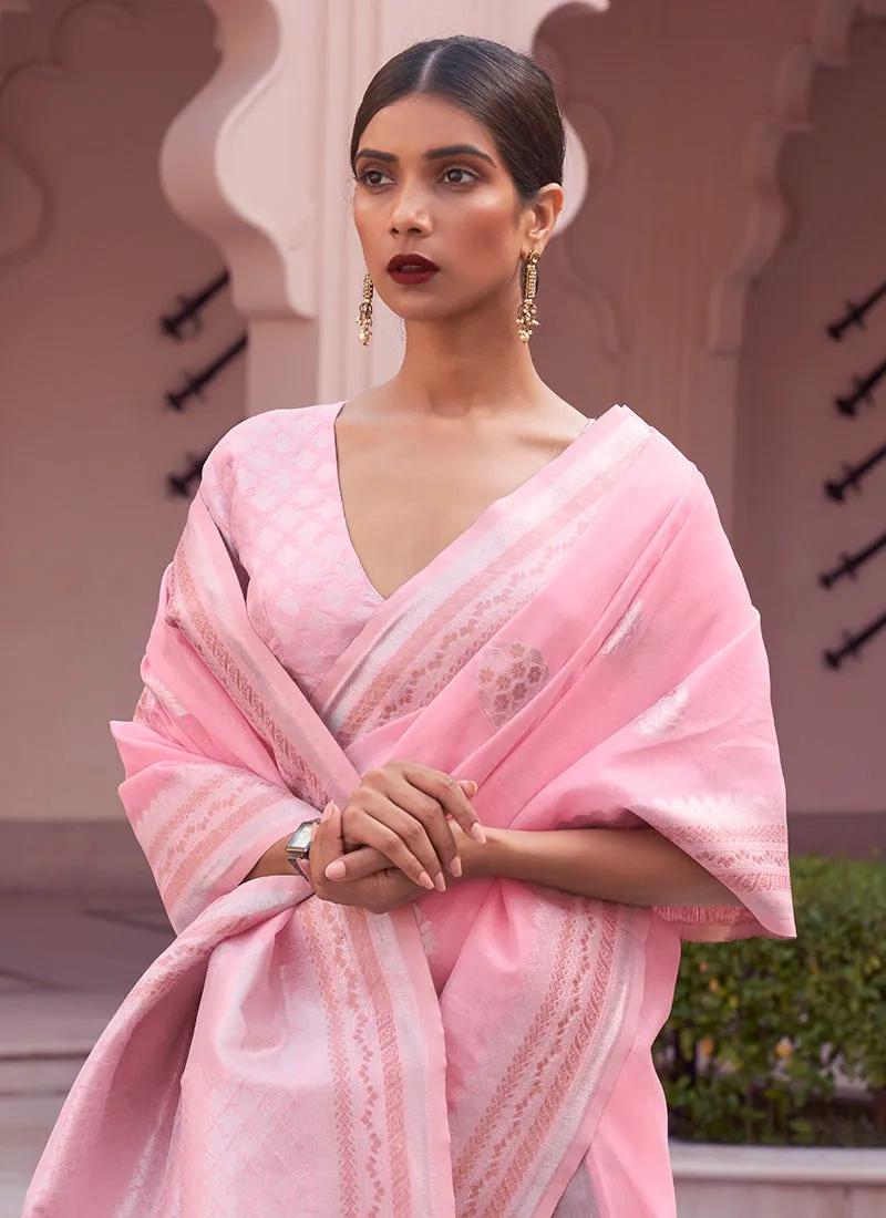Light Pink Weaved Handloom Pure Linen Traditional Saree