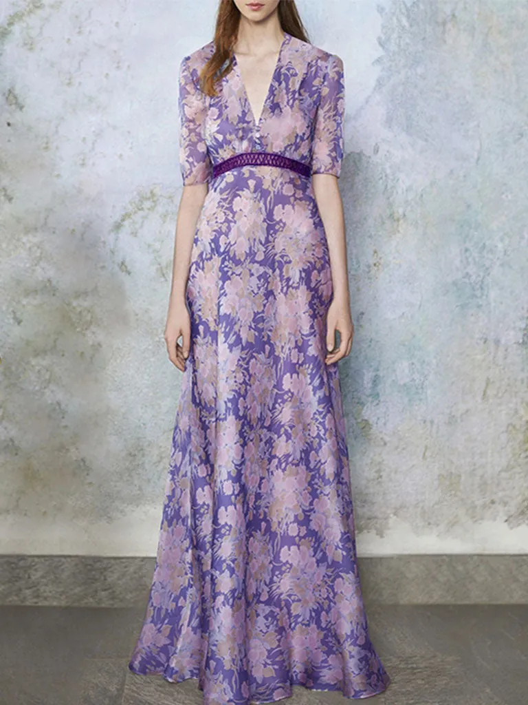 Lilac V Neck Short Sleeve Floral Print Maxi Dress Beach Vacation Outfit
