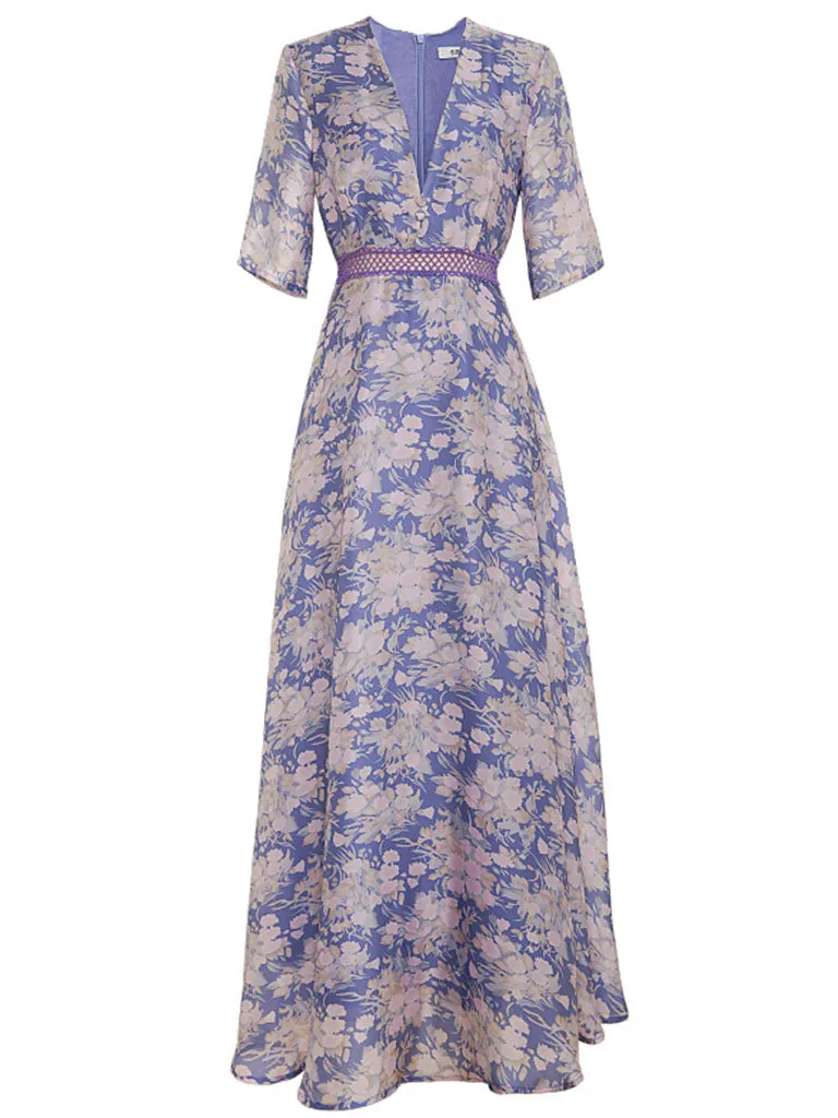 Lilac V Neck Short Sleeve Floral Print Maxi Dress Beach Vacation Outfit