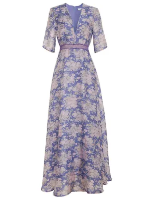 Lilac V Neck Short Sleeve Floral Print Maxi Dress Beach Vacation Outfit