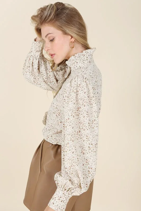 Lilou Stand collar floral frill blouse