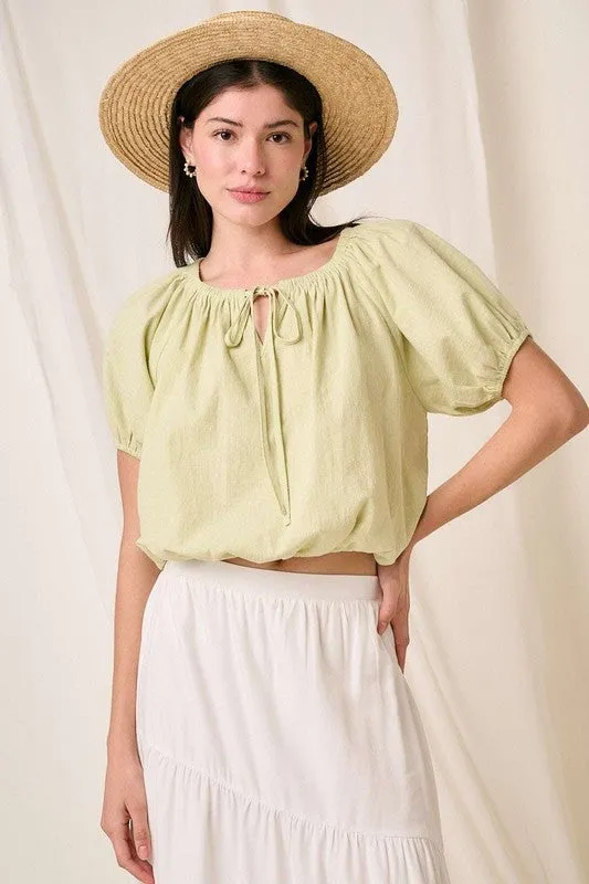 Lime Color Linen Two-Way Short Sleeve Crop Blouse